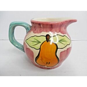 Vintage Guyroc Stoneware Pitcher Hand painted Fruit / Leaves 3.5 in tall 10 oz